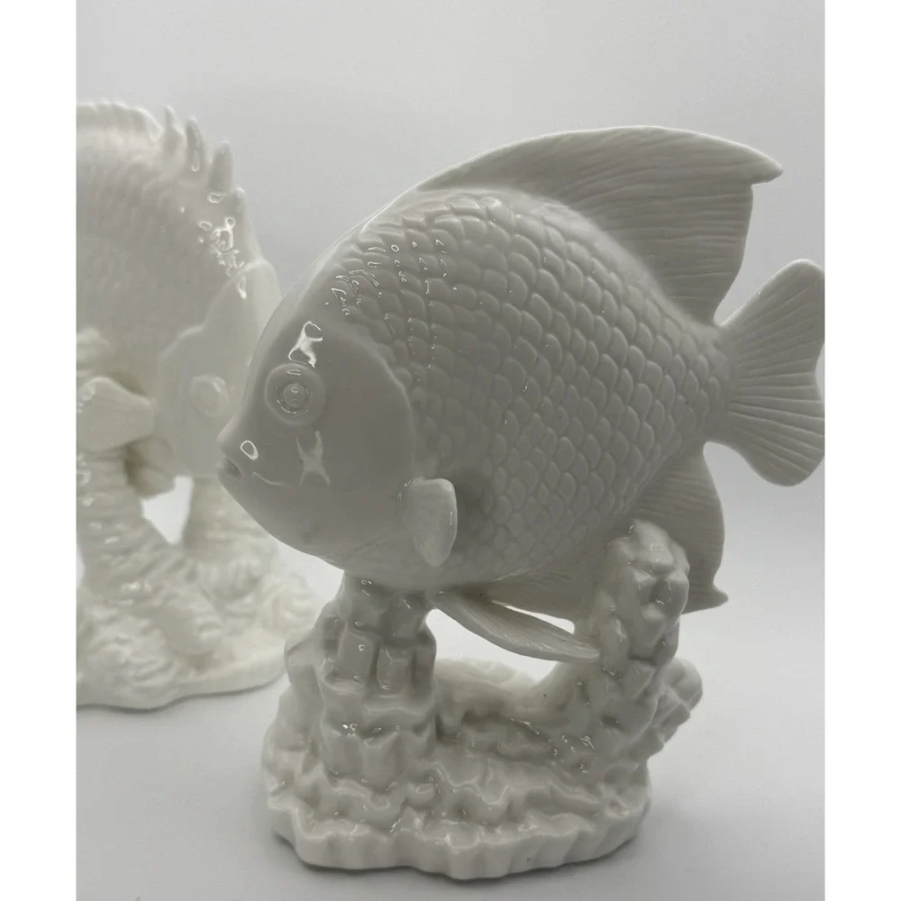 Coastal Lot 2 Angelfish Fine Bone China By Andrea Sadak Glossy White Fish EUC